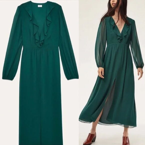Aritzia Wilfred Millie Dress 8 Forest Green Romantic Ruffle Chiffon Maxi Slit - Picture 4 of 16